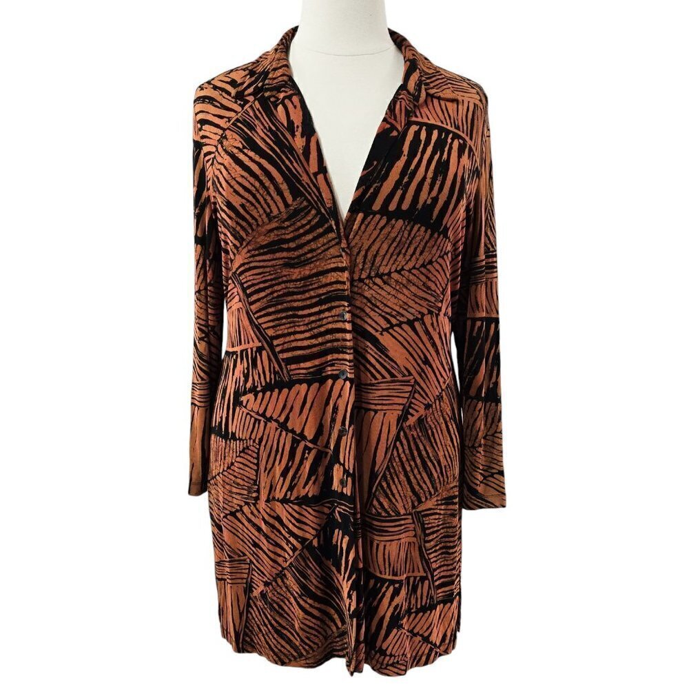 Chico's Travelers Burnt Orange Black Abstract Slinky Knit Shirt Dress Vacation